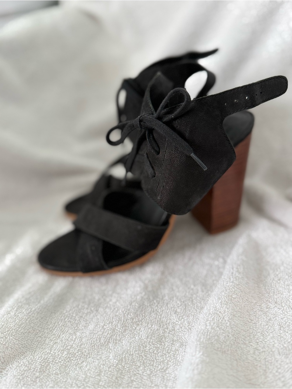 Suede Black Block Heel Lace-Up Sandals
